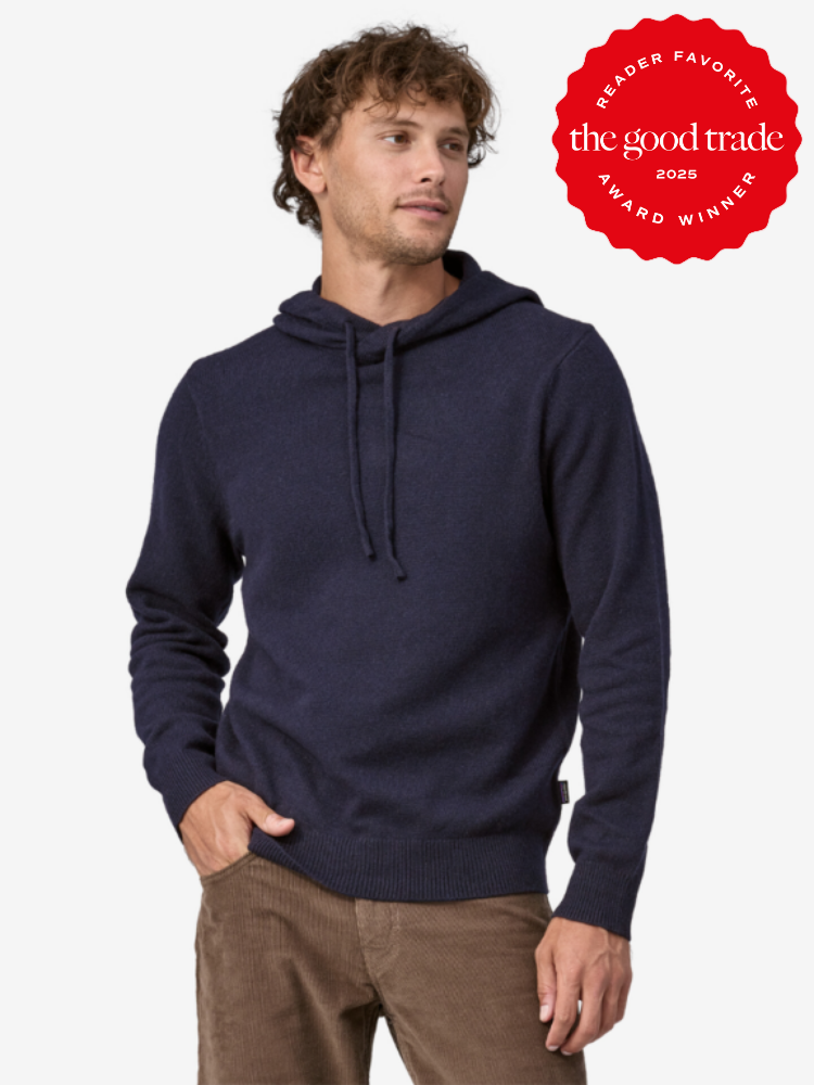 A person wearing a navy hoodie and brown pants looks to the side. A red badge on the top right reads "Reader Favorite, the good trade, 2025 Award Winner.