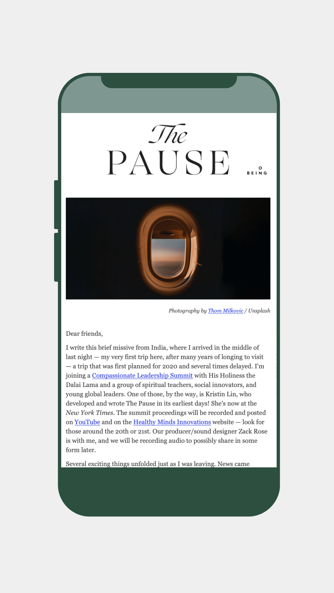 A screenshot of The Pause newsletter on an iphone graphic.